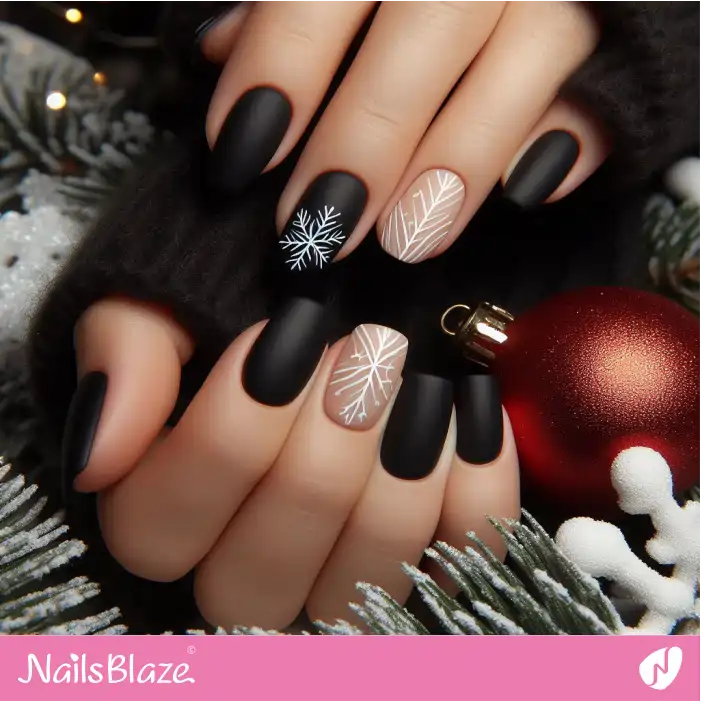 Black Nails with Minimal Snowflake Crystal | Christmas Nails - NB1688